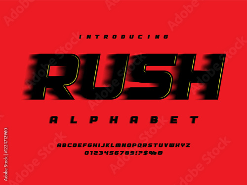 Speed racing style alphabet design with uppercase, numbers and symbol