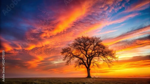A lone tree stands tall against a vibrant sky with hues of orange and pink at sunset