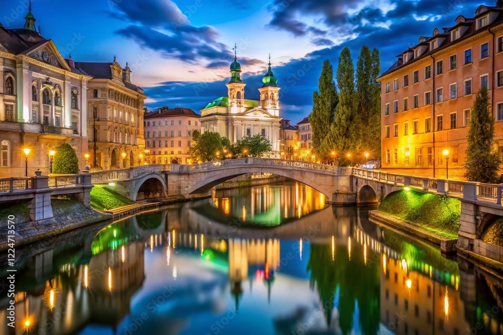 Fototapeta premium Ljubljana Triple Bridge Night Long Exposure Photography, Slovenian Capital Cityscape