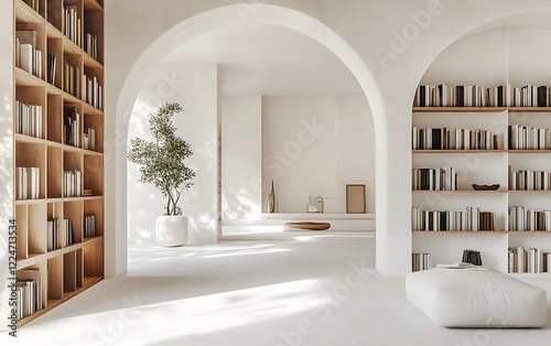 Bright, high-resolution space with white walls, custom bookshelves, and a series of arched doorways, blank canvas for mockup design