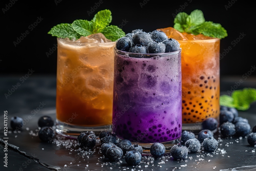 Refreshing blueberry and tea drinks on dark background Refreshing blueberry and tea drinks on dark background