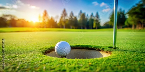 Golf ball rolling into hole on green surface with flagstick in background, flagstick, movement,  flagstick, movement