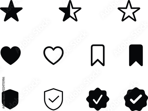 User interface icon kit, including symbol of Star, half star, rating, review, bookmark, like heart, insure, verified shapes