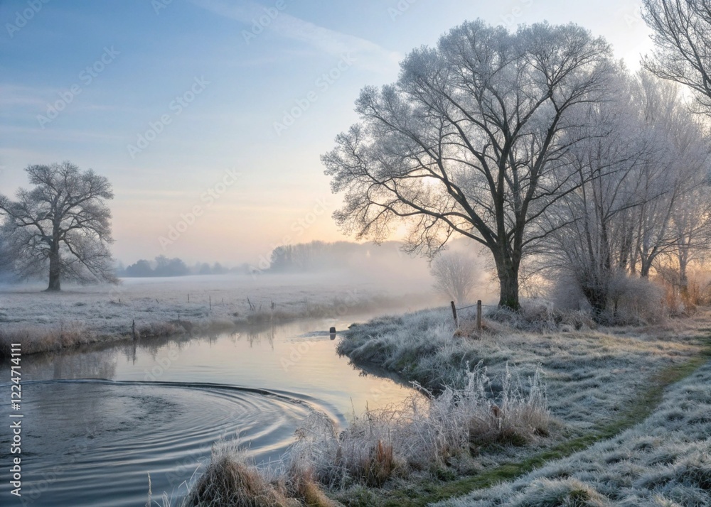 Chilly Winter Morning: Frosty Trees and Cold Winds Ripple Across a Tranquil Landscape Chilly Winter Morning: Frosty Trees and Cold Winds Ripple Across a Tranquil Landscape