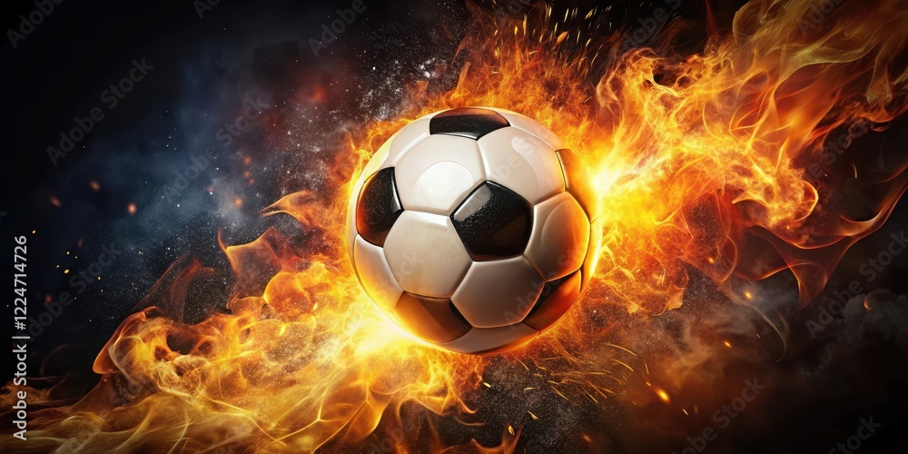 Fototapeta premium A soccer ball embedded in a blazing inferno, surrounded by flames and sparks , fiery passion, burning