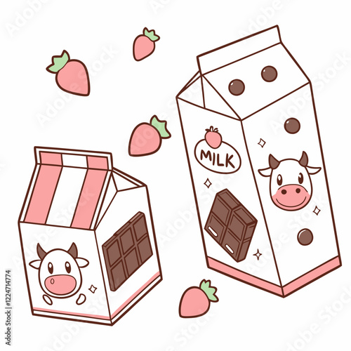 Adorable Cartoon Milk and Chocolate Boxes with Strawberries