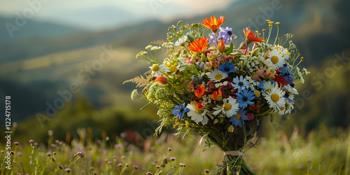 Colorful wildflower bouquet with red, blue, and white flowers in a serene mountain meadow.  
