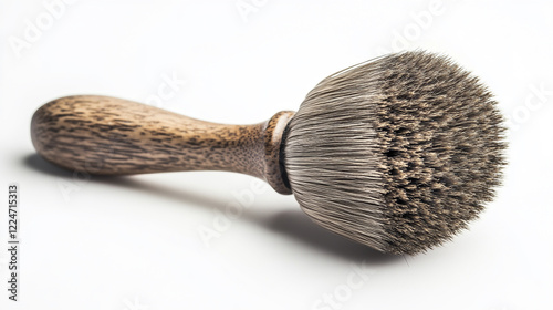 Wooden-handled shaving brush on a white background, ideal for grooming and wet shaving photo