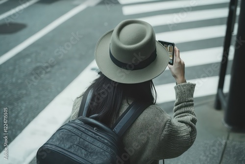 A candid shot of a woman wearing a trendy hat and carrying her luggage, snapping a photo of a landmark. photo