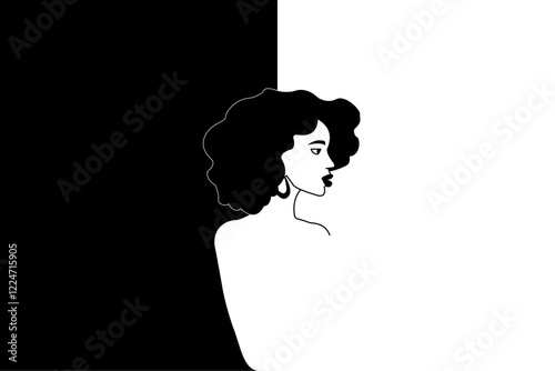 A black and white background with a silhouette of a beautiful woman. A monochrome frame with an African woman illustration. A female-centered frame with copy space.