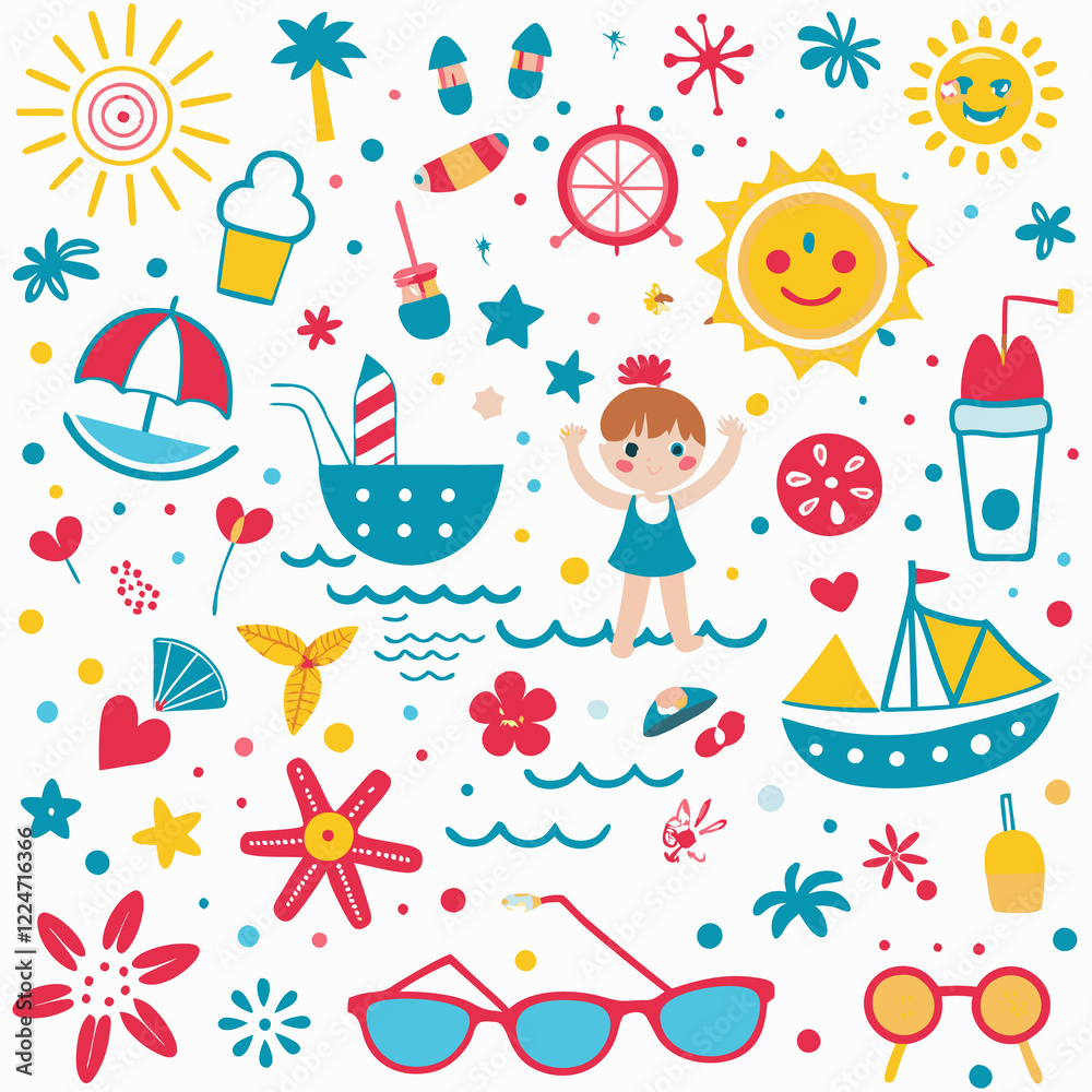 Fototapeta premium Happy summer child playing in the sea with various summer icons.