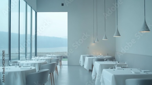 Modern restaurant interior, view of lake, calm ambiance, for hospitality stock photo