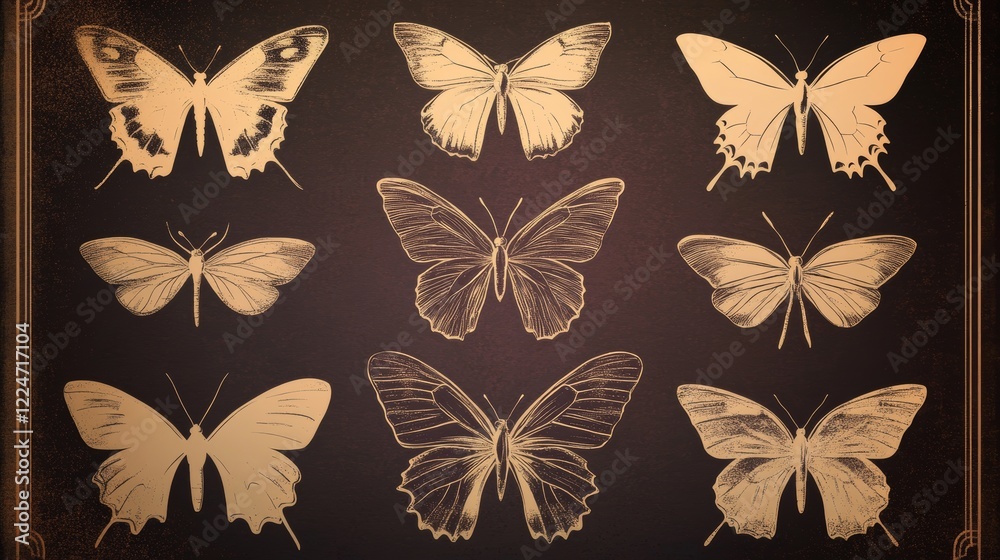 Fototapeta premium Elegant Golden Butterfly Collection Vintage Illustrations