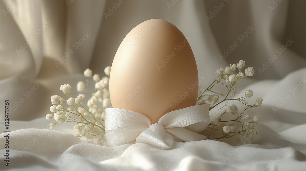 Elegant egg arrangement with delicate flowers on soft fabric backdrop