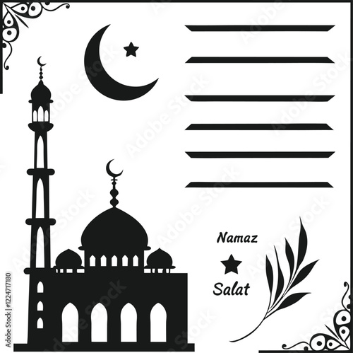 Simple black silhouette of a mosque, crescent moon, and star, perfect for Islamic celebrations.