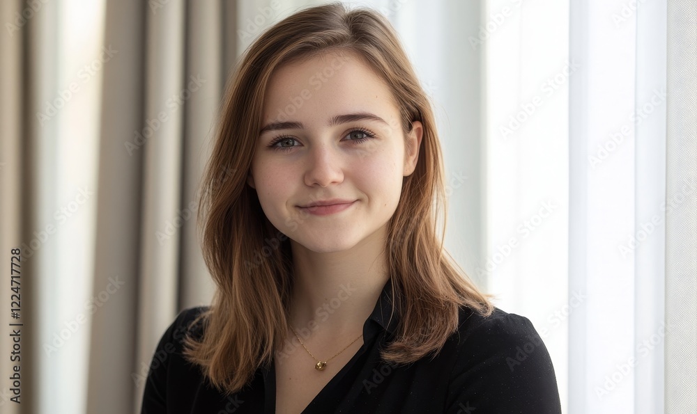 Confident Young Woman Explaining Profile in Professional Setting with Positive Expression and Direct Eye Contact, Generative AI