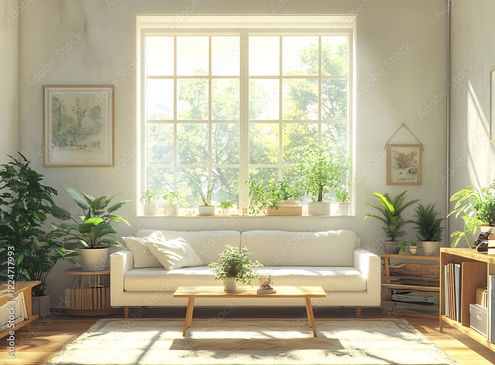 Bright Scandinavian living room design featuring a simple white sofa, a wooden coffee table, and indoor plants near a large window Bright Scandinavian living room design featuring a simple white sofa, a wooden coffee table, and indoor plants near a large window