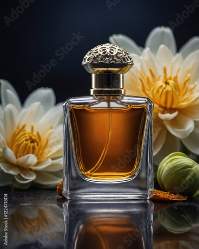 Exquisite Glass Perfume Bottle with Intricate Design Resting on a Gorgeous Flower Filled Background perfume commercial advertisement display photo