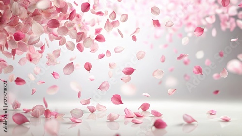 pink sakura petals falling softly on a serene white background, gently floating down like delicate snowflakes