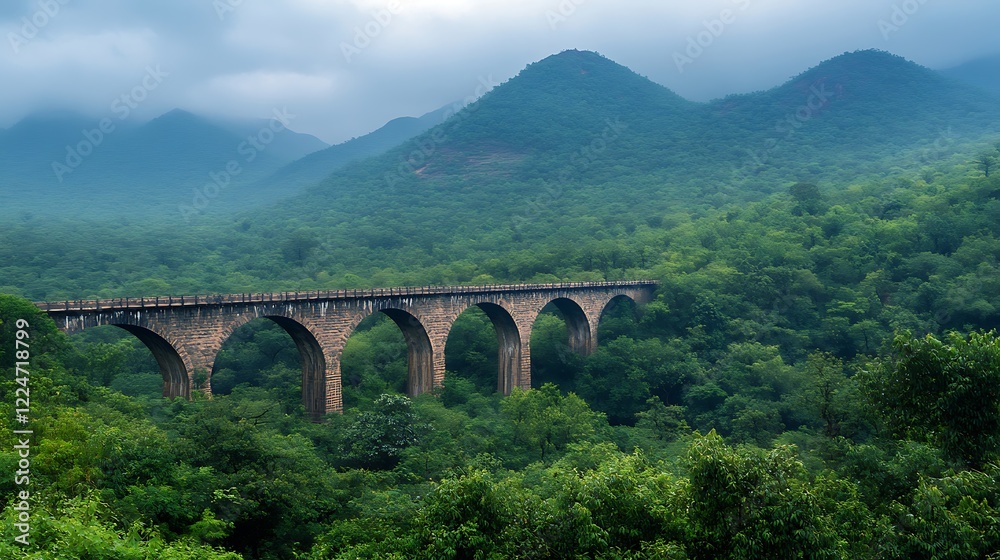 A scenic view of bridge amidst lush green forest and hillst A scenic view of bridge amidst lush green forest and hillst