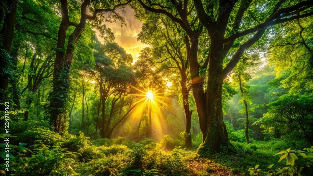 Obraz premium Golden hour paints a lush forest silhouette, sunbeams illuminating intricate details.