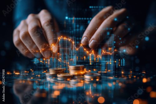 Person holds stack of coins, city backdrop.