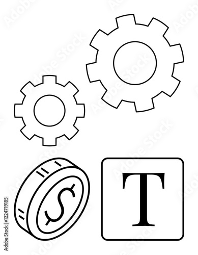Gears denoting processes, coin symbolizing money, and text block for communication. Ideal for business, technology, finance, teamwork, communication, content creation abstract line flat metaphor