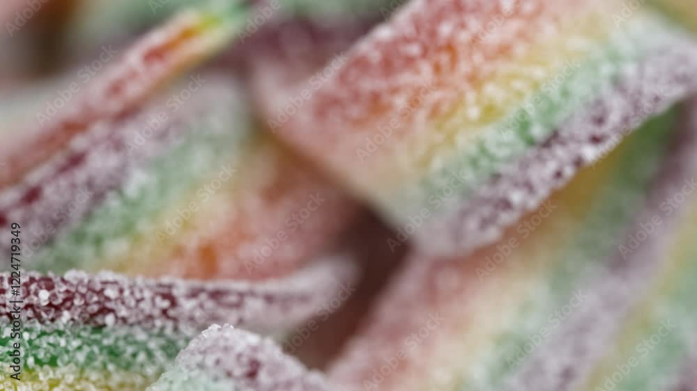Colorful jelly candies strips in sugar sprinkles. Sour flavored rainbow candy background.