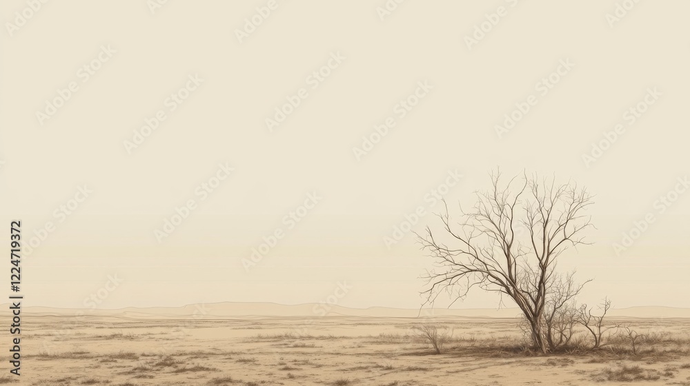 Lone, leafless tree in a hazy, arid desert landscape. Lone, leafless tree in a hazy, arid desert landscape.