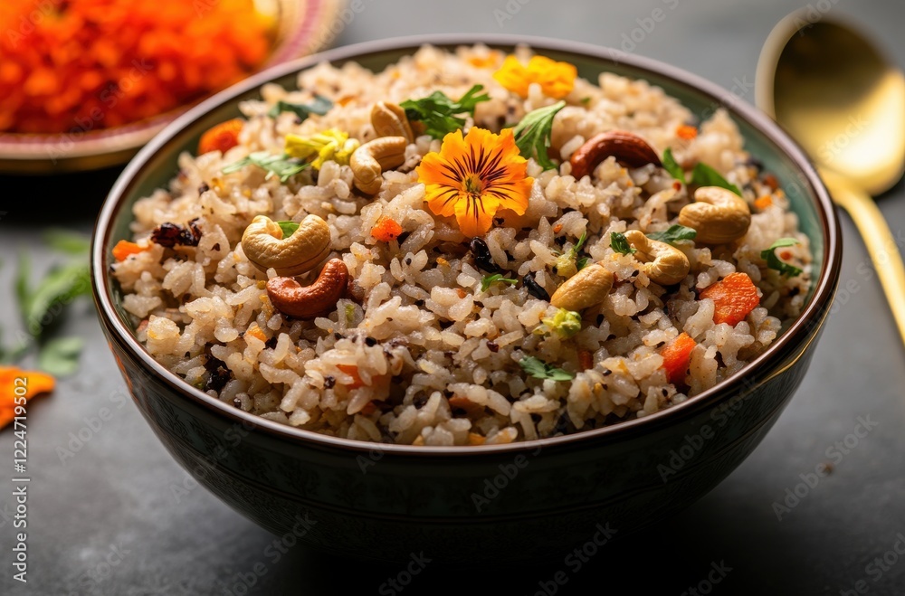 Deliciously Garnished Rice Dish with Nuts and Edible Flowers Deliciously Garnished Rice Dish with Nuts and Edible Flowers