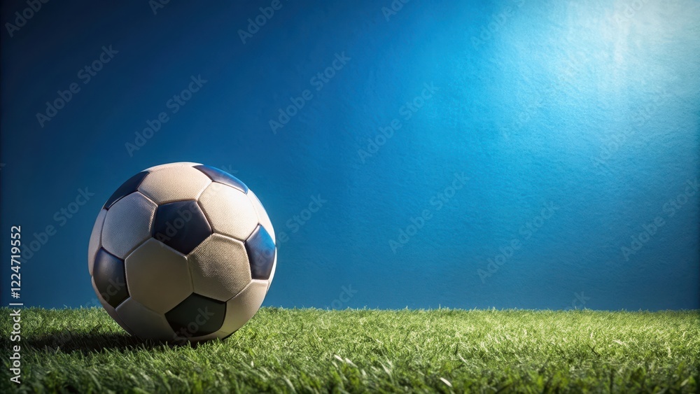 Fototapeta premium Soccer ball placed under foot on blue background with grass texture and subtle shadows, turf, natural light