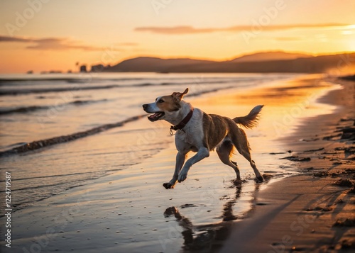 Long Exposure Photo of Playful Pet Dog Running on Beach at Sunset