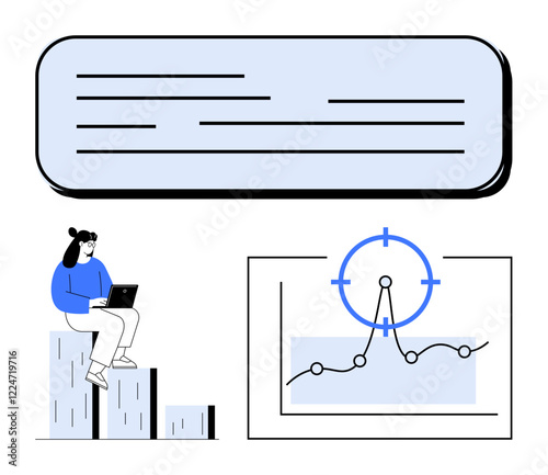 Female professional sitting on bar charts with a laptop, a graph with a focus target, and a text box. Ideal for business growth, analytics, strategy, reporting, data insights, teamwork abstract line