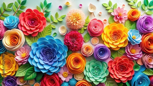 Colorful paper roses in a layered floral arrangement, floral pattern, vibrant,  floral pattern, vibrant, bouquet, paper cutouts photo