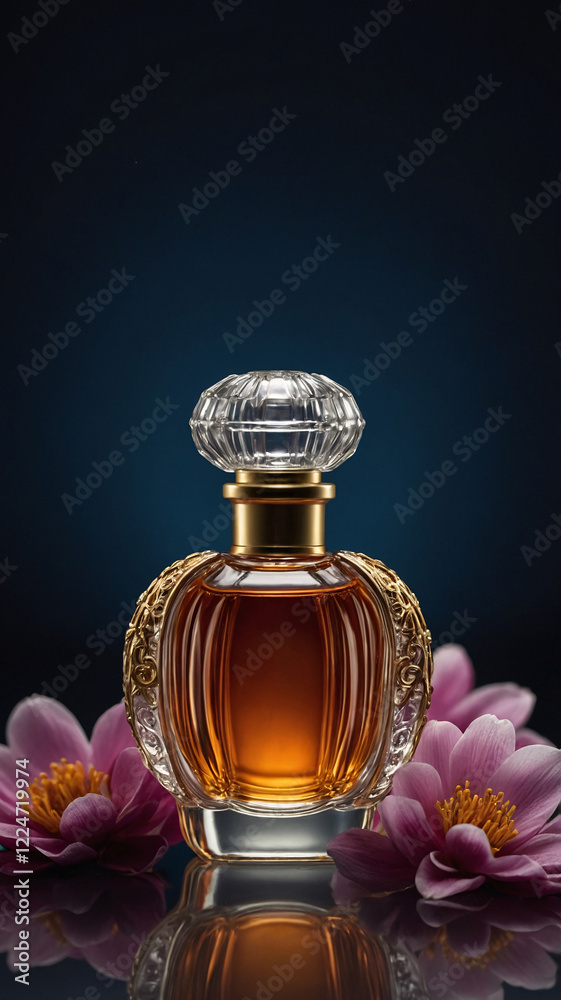 Gorgeous Glass Perfume Bottle with Intricate Detailing Set Against a Beautiful Flower Arrangement perfume commercial advertisement display Gorgeous Glass Perfume Bottle with Intricate Detailing Set Against a Beautiful Flower Arrangement perfume commercial advertisement display