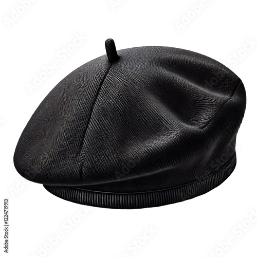 A classic black beret, often worn by artists or as part of French-inspired fashion ON TRANSPARENT BACKGROUND