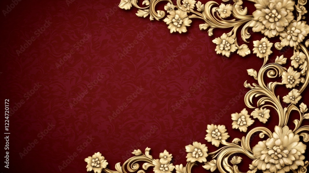 Fototapeta premium Elegant Golden Floral Frame on Red Background