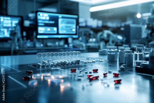 A futuristic laboratory scene filled with glass vials and pills, accompanied by glowing computer screens, showcasing the intersection of science and technology in modern research. photo