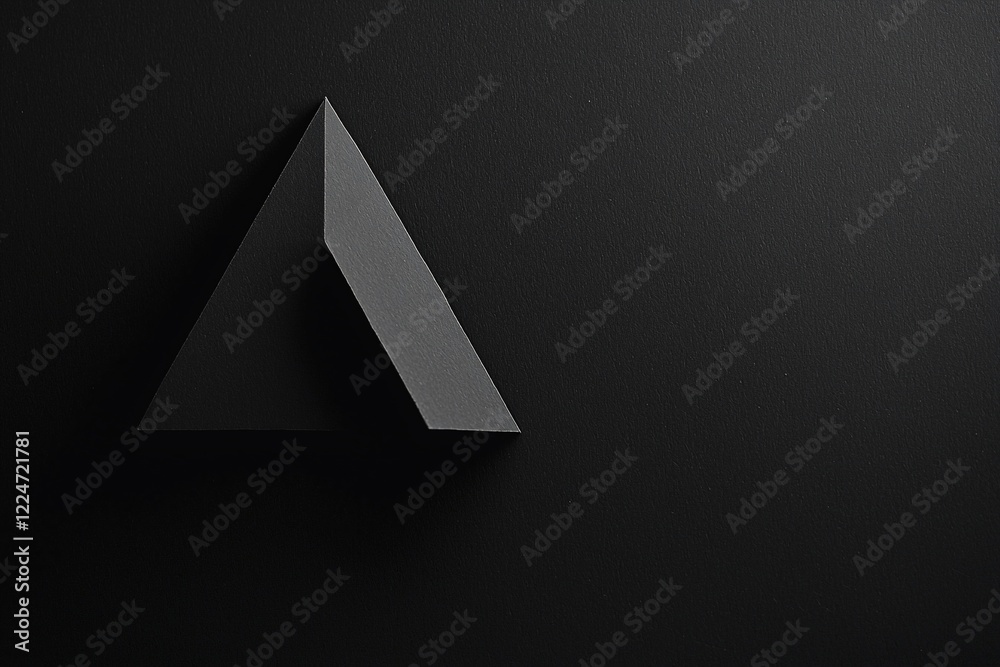 Fototapeta premium Black geometric triangle sculpture on a dark background, creating a minimalist artistic display