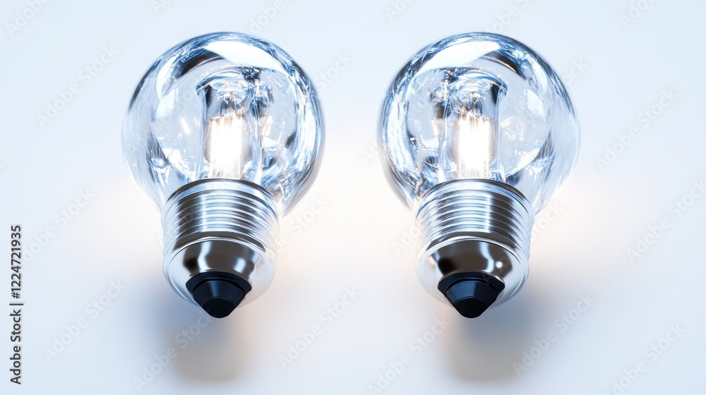 Two clear light bulbs with visible filaments on a light background. Two clear light bulbs with visible filaments on a light background.