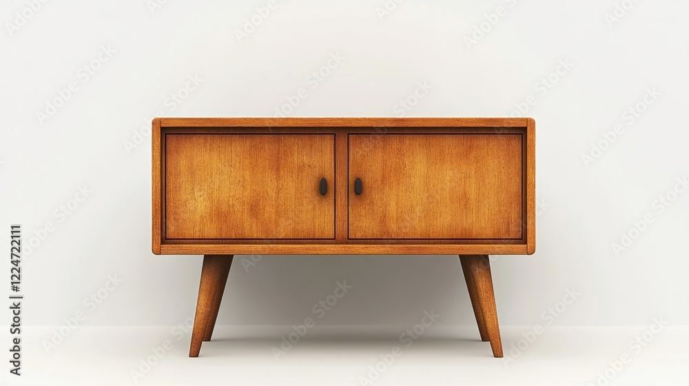 Mid-century modern wood cabinet, white background, home decor Mid-century modern wood cabinet, white background, home decor