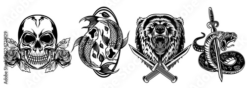 Collection tattoo vector artwork. Monochrome vector illustration in various objects and skull elements.