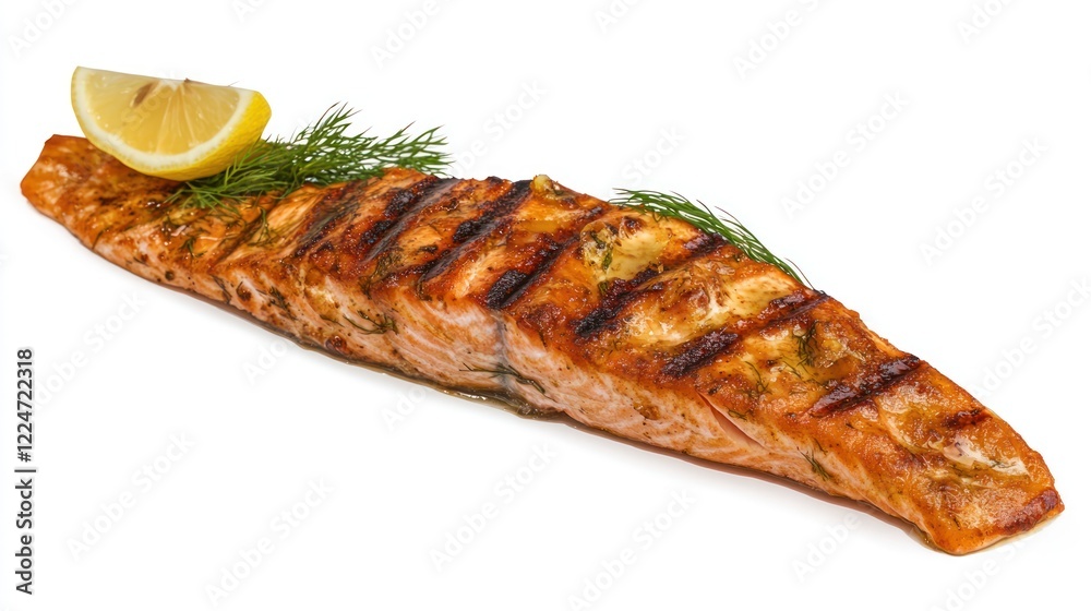 Grilled salmon fillet garnished with lemon and herbs. Grilled salmon fillet garnished with lemon and herbs.