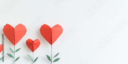 Red origami hearts styled as flowers with green stems on a bright white background.