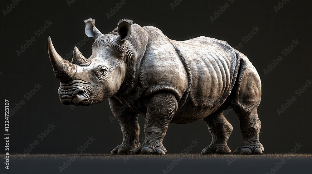 Realistic full-body image of a rhinoceros with detailed skin texture, massive horn, dramatic lighting, and dark background, conceptual wildlife art, symbol of strength and endurance Realistic full-body image of a rhinoceros with detailed skin texture, massive horn, dramatic lighting, and dark background, conceptual wildlife art, symbol of strength and endurance