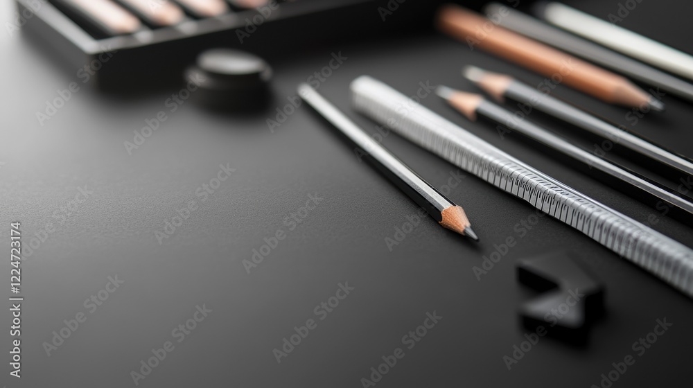 A black and white image of a pencil box with a variety of pencils A black and white image of a pencil box with a variety of pencils