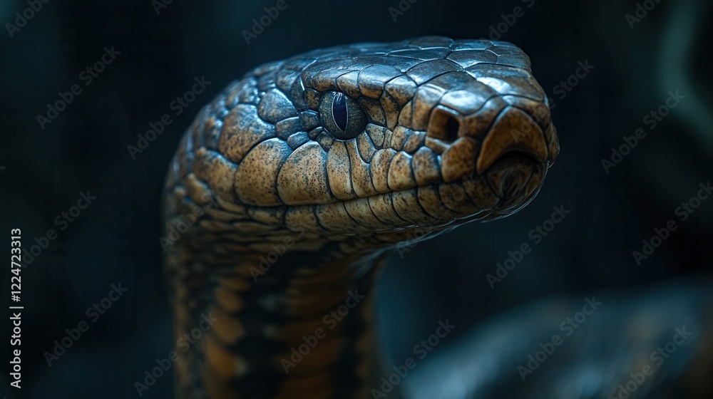 Fototapeta premium Close-up of a black snake with golden scales, raised head, and hypnotic gaze in diffused light, predatory look, wildlife, symbol of danger and mystery, dramatic lighting