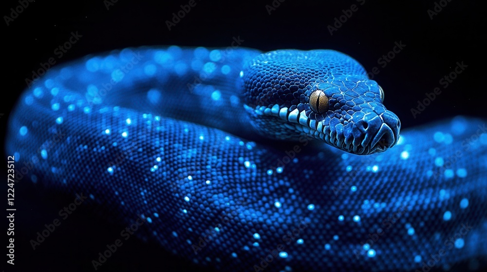 Fototapeta premium Close-up of a vibrant blue snake with light-reflecting scales, hypnotic gaze, and black background, conceptual wildlife image, fantastic appearance, striking lighting effects