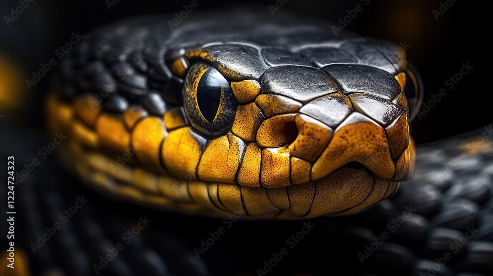 Close-up of a black snake with striking golden eyes, detailed scale texture, and dramatic lighting, predatory gaze, dark background, conceptual wildlife image, symbol of danger and mystery Close-up of a black snake with striking golden eyes, detailed scale texture, and dramatic lighting, predatory gaze, dark background, conceptual wildlife image, symbol of danger and mystery
