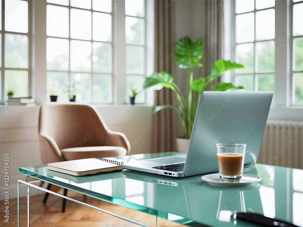 Modern elegant office, workspace interior design, laptop and cup of coffee, 3d render